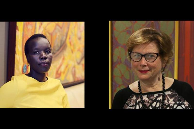 Composite image of 2 portrait shots: an African woman in yellow, and older white woman with glasses 