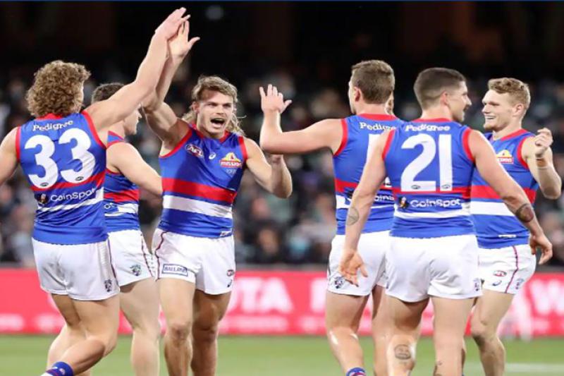 Members of the Western Bulldogs celebrate a win on-pitch.