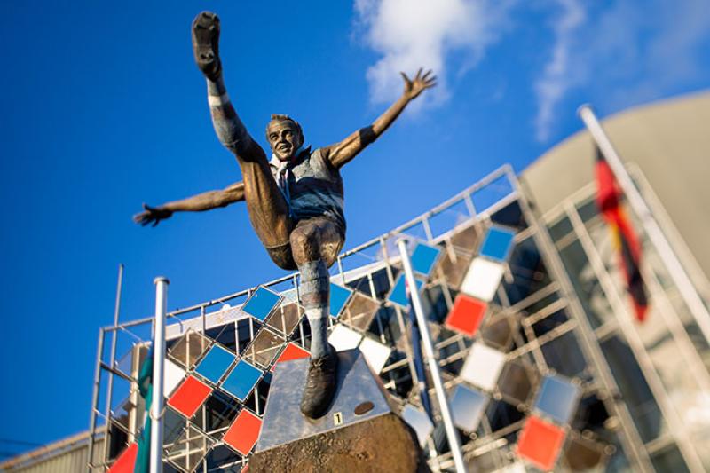 A statue of a bulldogs former player outside of Whitten Oval in Footscray, home of the Western Bulldogs.