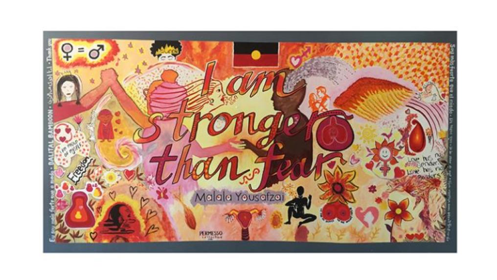 Mural with the words 'I am stronger than fear' and folk art depictions of women, flowers, etc in orange & yellows