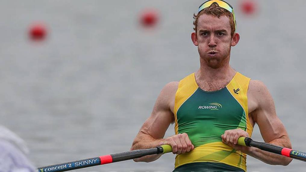 Jackson taking a deep breath as he rows strongly on the water