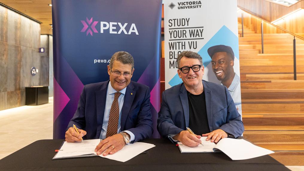 VU Chancellor Steve Bracks with PEXA Group Managing Director Glenn King at City Tower.