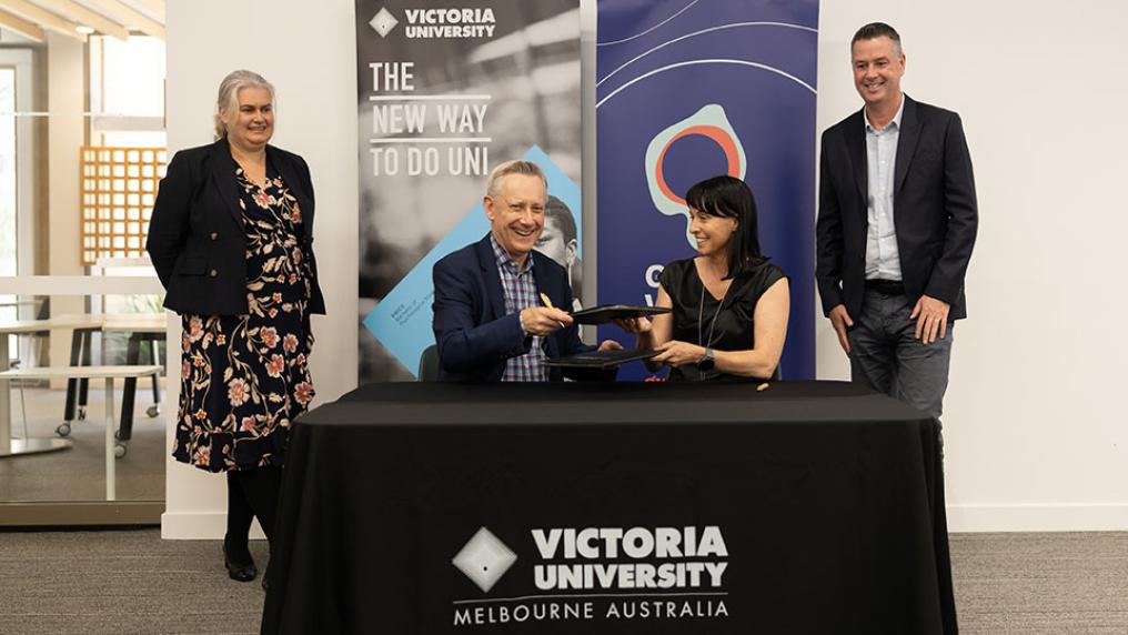 Left to right: GWW Partnerships Manager Kirsty Henry; VU Vice Chancellor Adam Shoemaker; GWW Managing Director Maree Lang; VU Deputy Vice Chancellor Wade Noonan