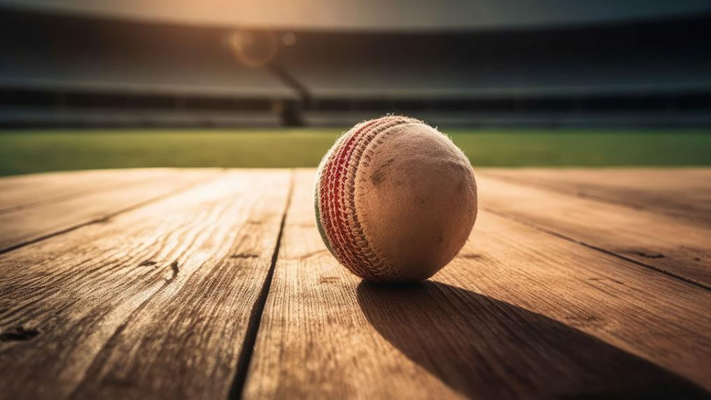 Cricket ball in front of grounds in the sunlight.