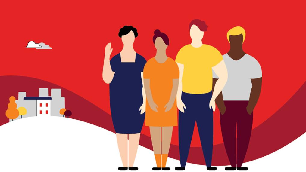 Illustration of four people outside a blood donation centre.