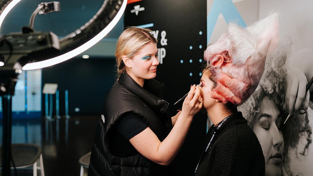Beauty and makeup demonstration at 2023 Open Day, Footscray Park campus.