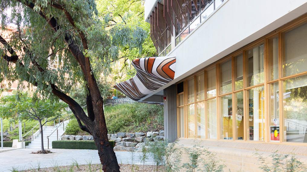 A path past a building with Indigenous art sculpted on the side, and a eucalypt in the foreground