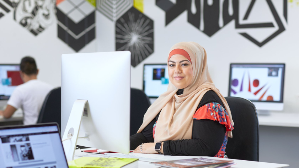 Female student at seated at computer