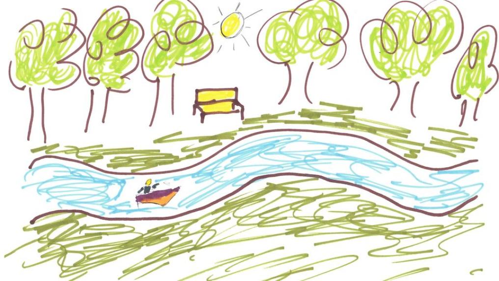 Childlike drawing of a river and boat with trees on a bank