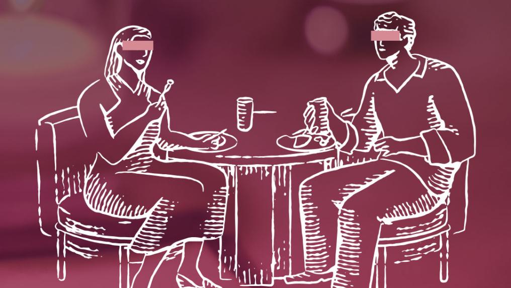 A sketched illustration of two people dining at a restaurant, with blindfolds over their eyes.