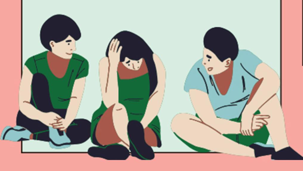 An illustration of 2 young people talking comfortingly to a 3rd young person, who looks distressed