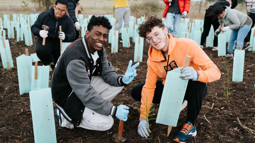 Two people kneel at a tree planting site, smiling at the camera while planting a small tree. There are a number of individuals in the background also planting trees.