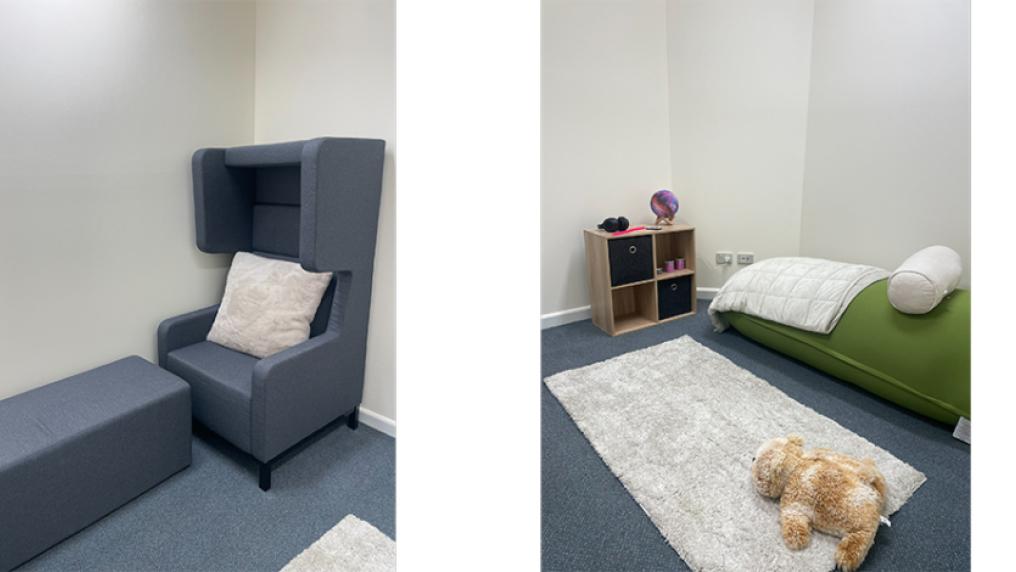 Two images of a room including a clean, comfortable chair, a large cushion, rug, and shelf