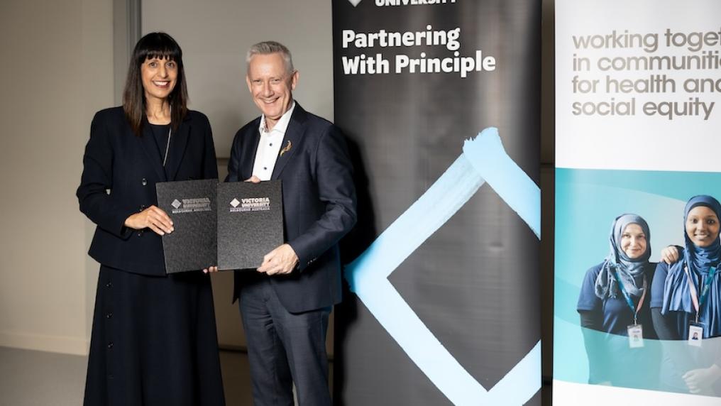 cohealth CEO Nicole Bartholomeusz and VU VC Adam Shoemaker.