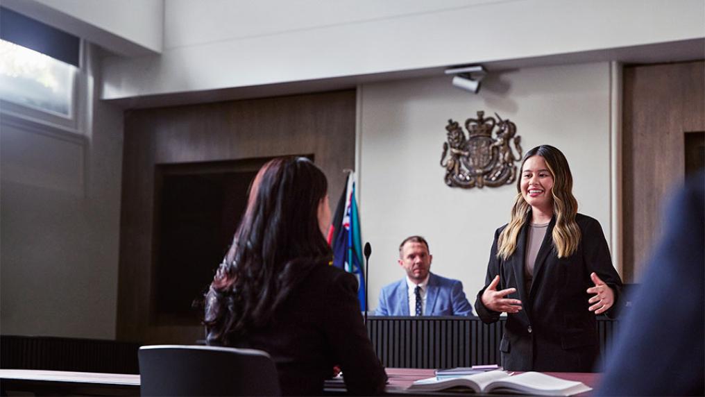 A VU Law student engages in a mock trial. 