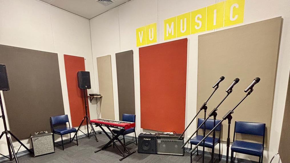 One of the VU music rehearsal rooms on Footscray Nicholson campus, filled with instruments.