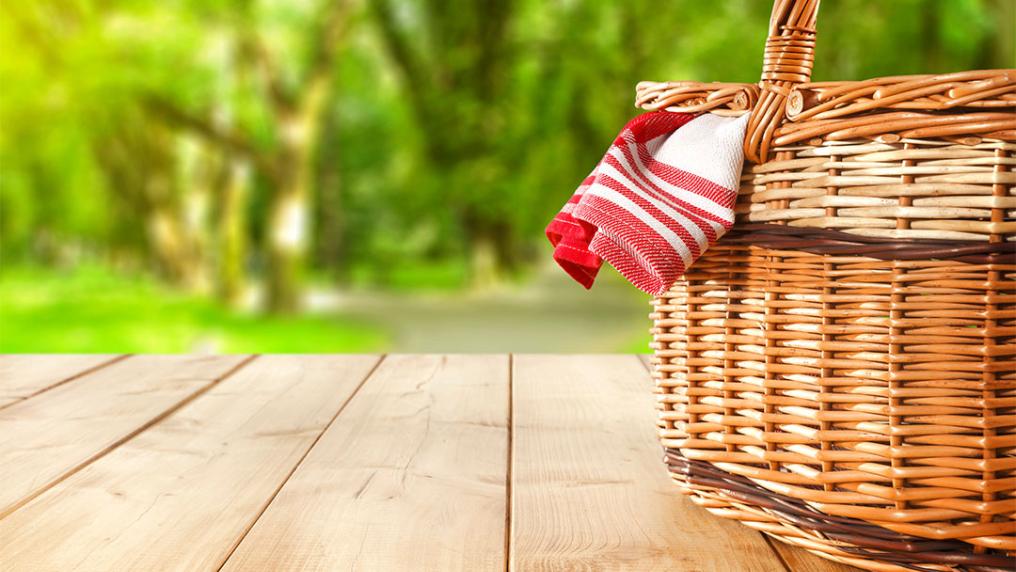 Picnic basket with rug poking out against a green backdrop.