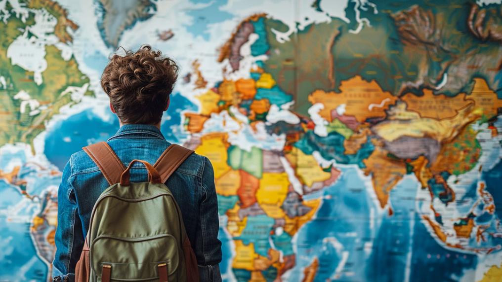 A Student looking at a world map, faced away from the camera