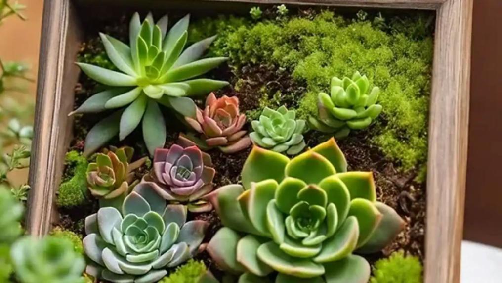 Succulent plants in a square, wooden pot.