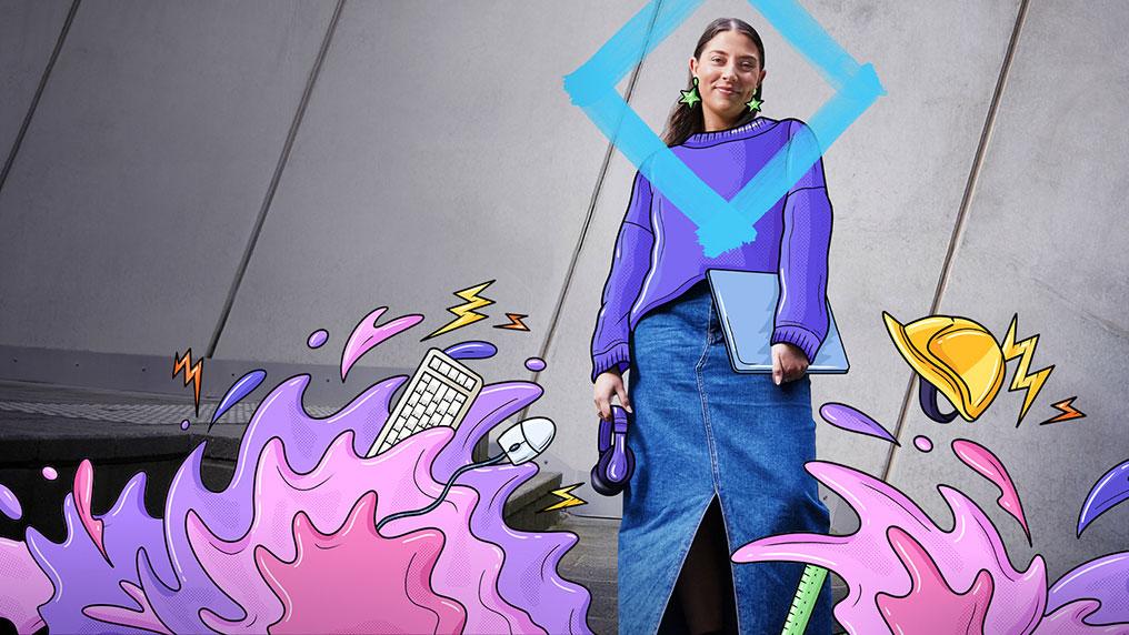 A woman standing in front of a wall. Surrounding her are illustrations of waves and career imagery, including hard hats. A blue diamond surrounds her head and shoulders.