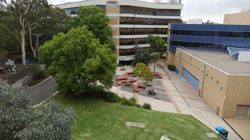 Campus with green lawns, seating, trees, brick buildings