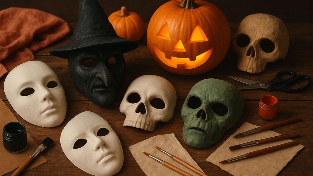 Halloween masks jack'o'lantern and paintbrushes on a desk.