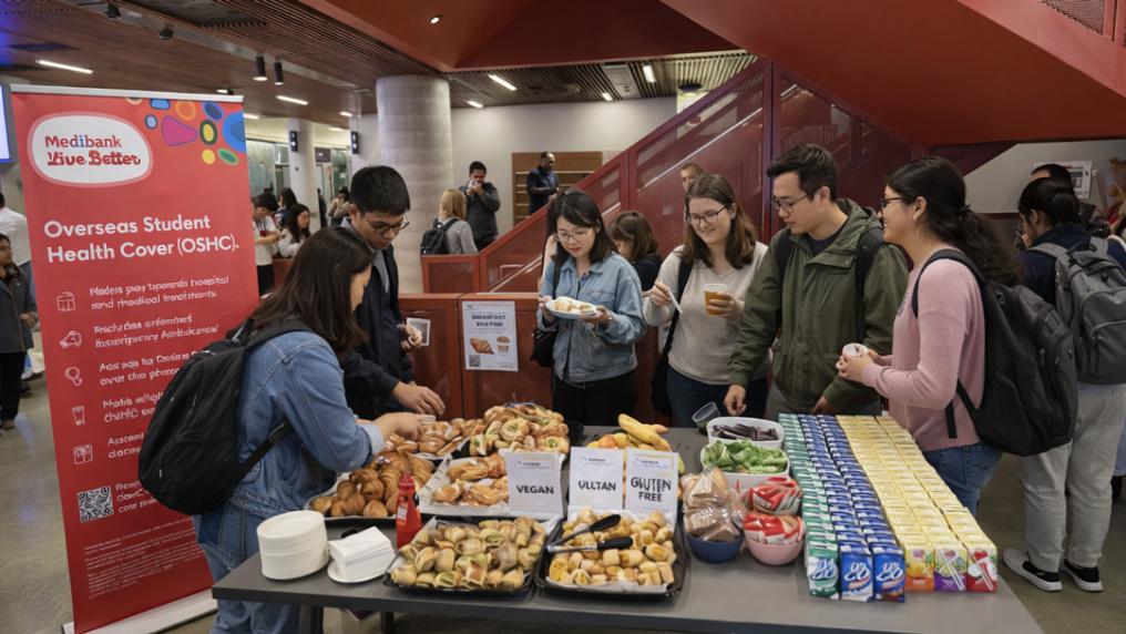 A group of students around a table full of hot and cold breakfast snack