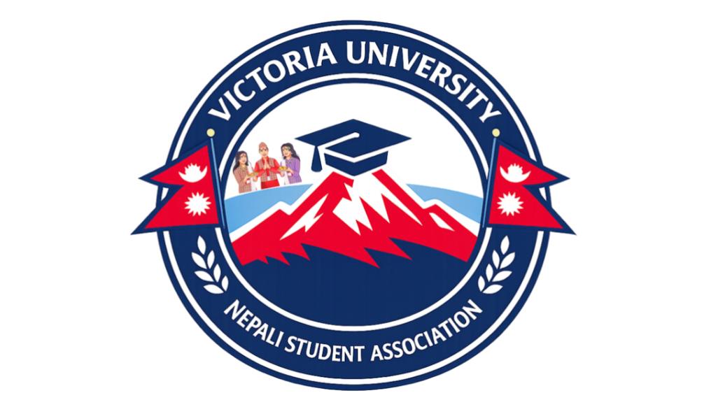 Logo with mountain, Nepalese flags & graduation cap: Victoria University Nepali Student Association