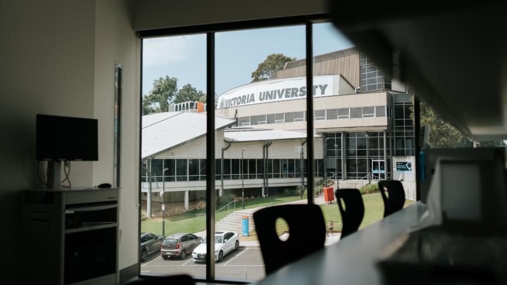 View from inside the sports science labs looking out across campus