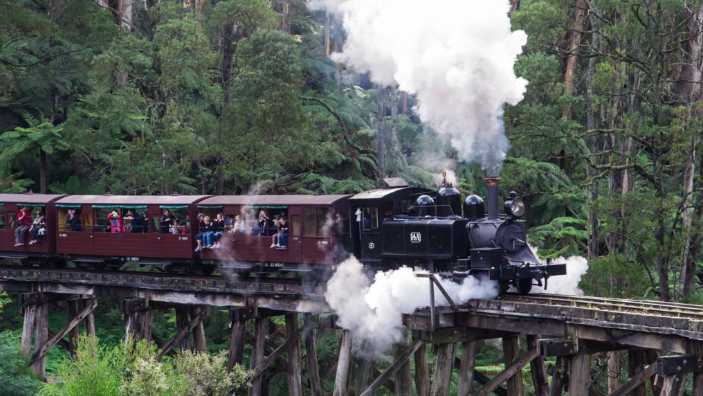 Puffing Billy train driving over the wooden bridge