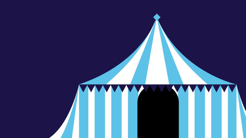 A carnival tent in the Victoria University brand colours blue and dark purple