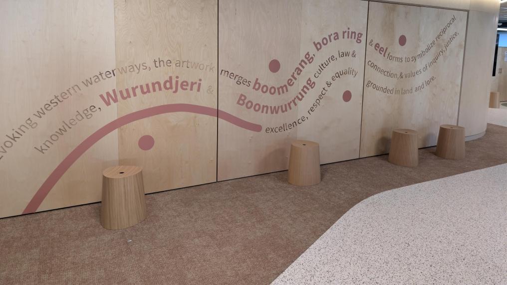 An interior wall, covered in large wooden panels, with large text describing Paola Balla's Moondani Balluk design.