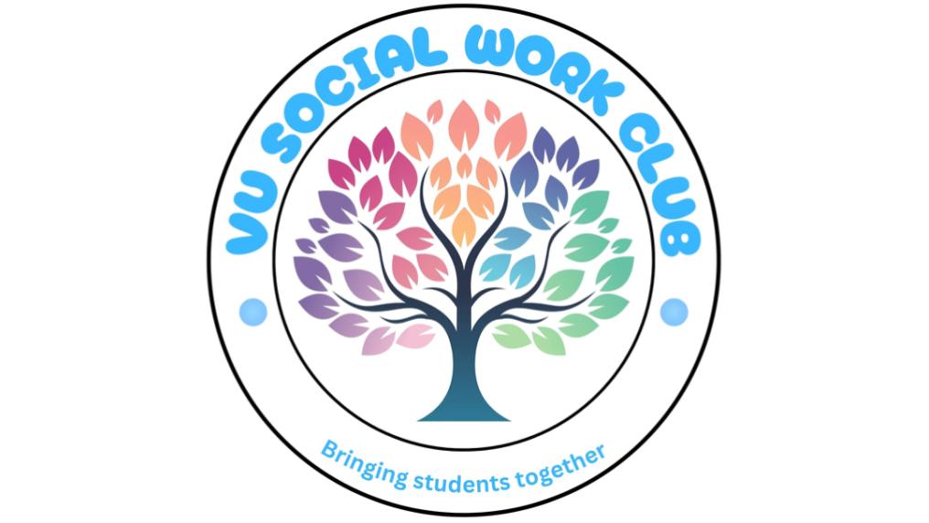 An illustration of a tree with colourful leaves in a white circle, with the text 'VU Social work club' and 'Bringing students together' surrounding the tree.