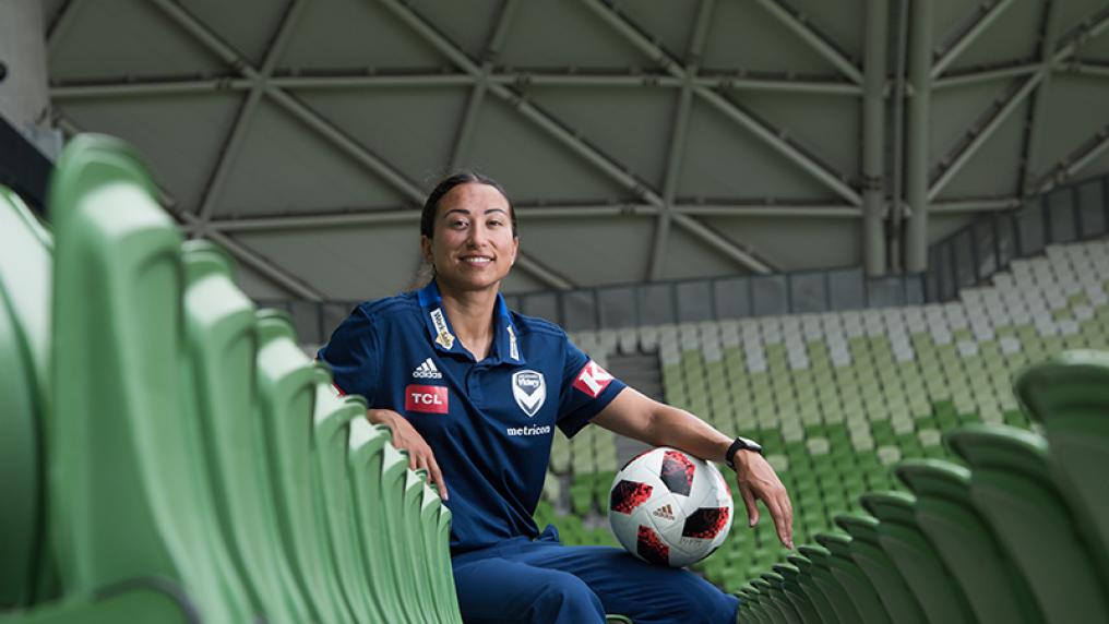 Gulcan Koca in soccer clothes with a soccer ball at AAMI Park
