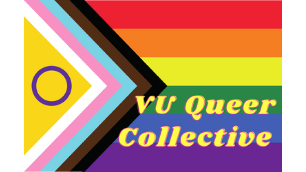 Progress Pride flag with the words 'VU Queer Collective'