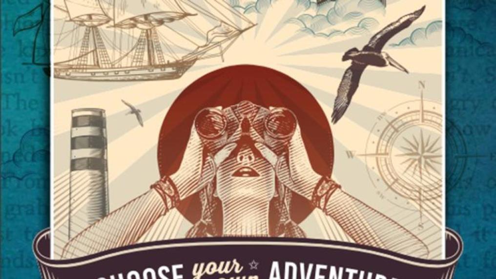 Williamstown Literary Festival image showing a woman holding binoculars surronded by marine imagery and the words 'Choose your own adventure'
